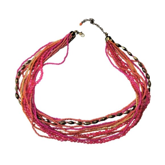 PINK and Orange Necklace, Beaded Twist 13 Strand Bead Necklace - Picture 4 of 10